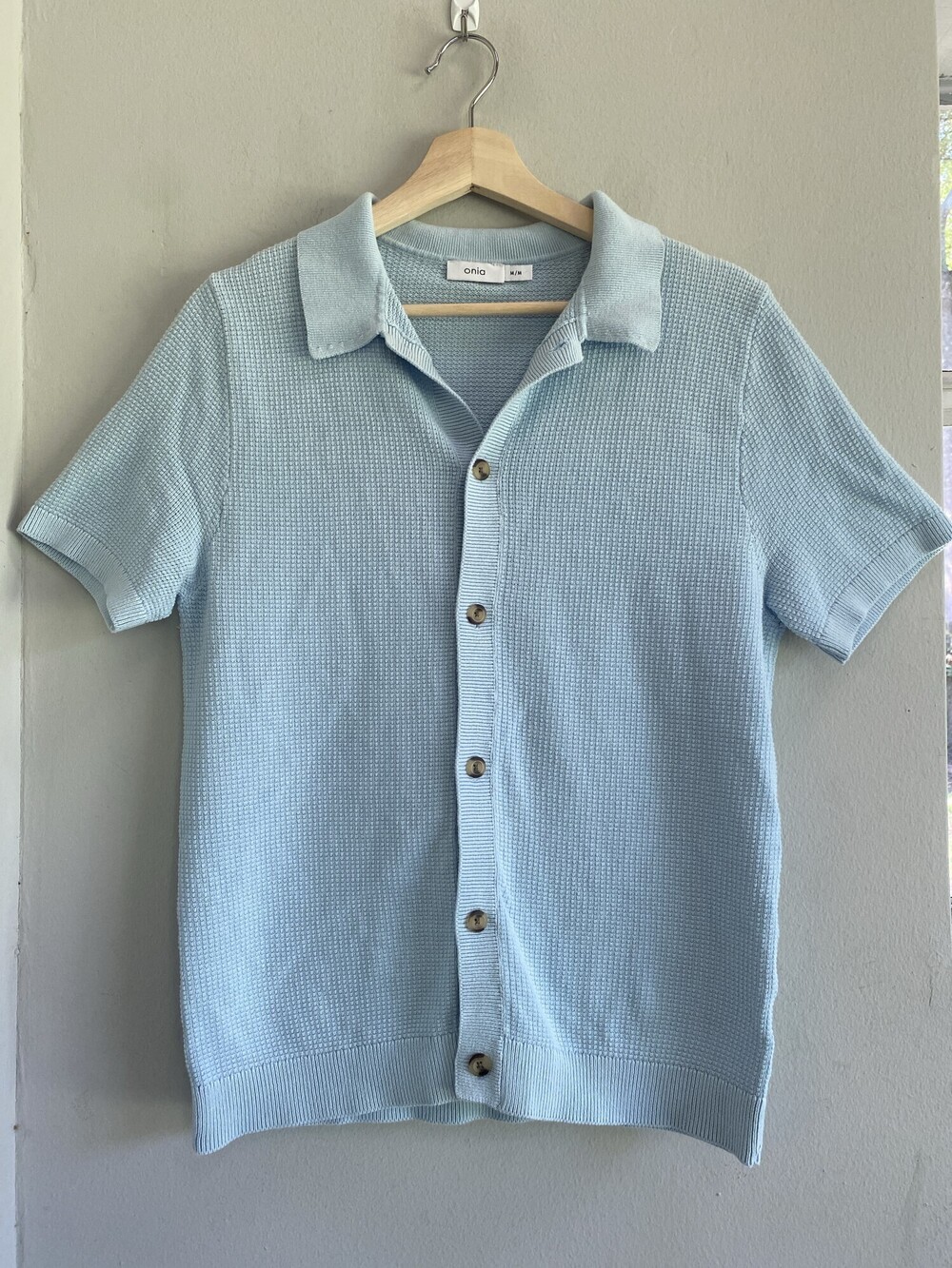Onia Men's Blue Cotton Textured Knit Button Polo Shirt M